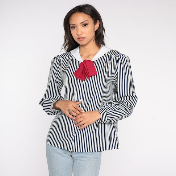 Sailor Collar Blouse 80s Striped Bow Shirt Ascot Neck… Gem