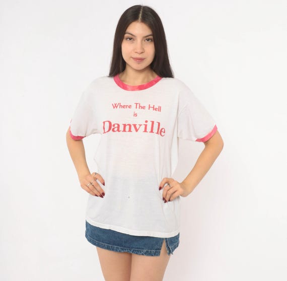 Where The Hell Is Danville Ringer Tee 80s Novelty Humor Graphic White Pink Cotton Short Sleeve Funny Saying Town Vintage Shirt Top Medium M