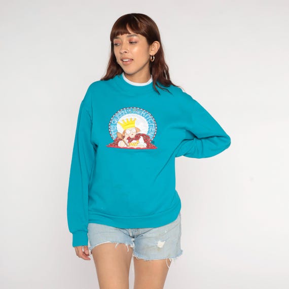Queen of the Kitchen Sweatshirt 90s Mary Engelbreit Feminist Cooking Crown Print Granny Collar Vintage  Teal Domestic Goddess Medium M