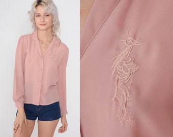 Blush Pink Blouse 80s Embroidered Peacock Bird Semi-Sheer Button up Top Long Sleeve Shirt Boho Romantic Feminine Vintage 1980s Small S