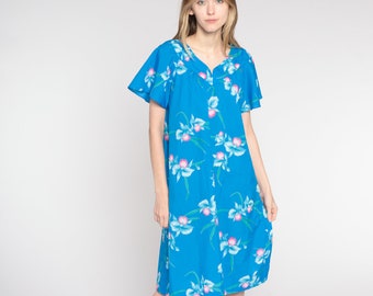 80s Floral Dress Blue Tropical Flutter Sleeve Dress Midi Dress Shift Dress 1980s Short Sleeve Yoke Dress Vintage Shift Casual Summer Large