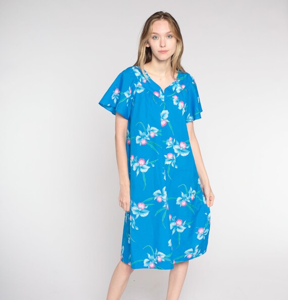 80s Floral Dress Blue Tropical Flutter Sleeve Dress Midi Dress Shift Dress 1980s Short Sleeve Yoke Dress Vintage Shift Casual Summer Large
