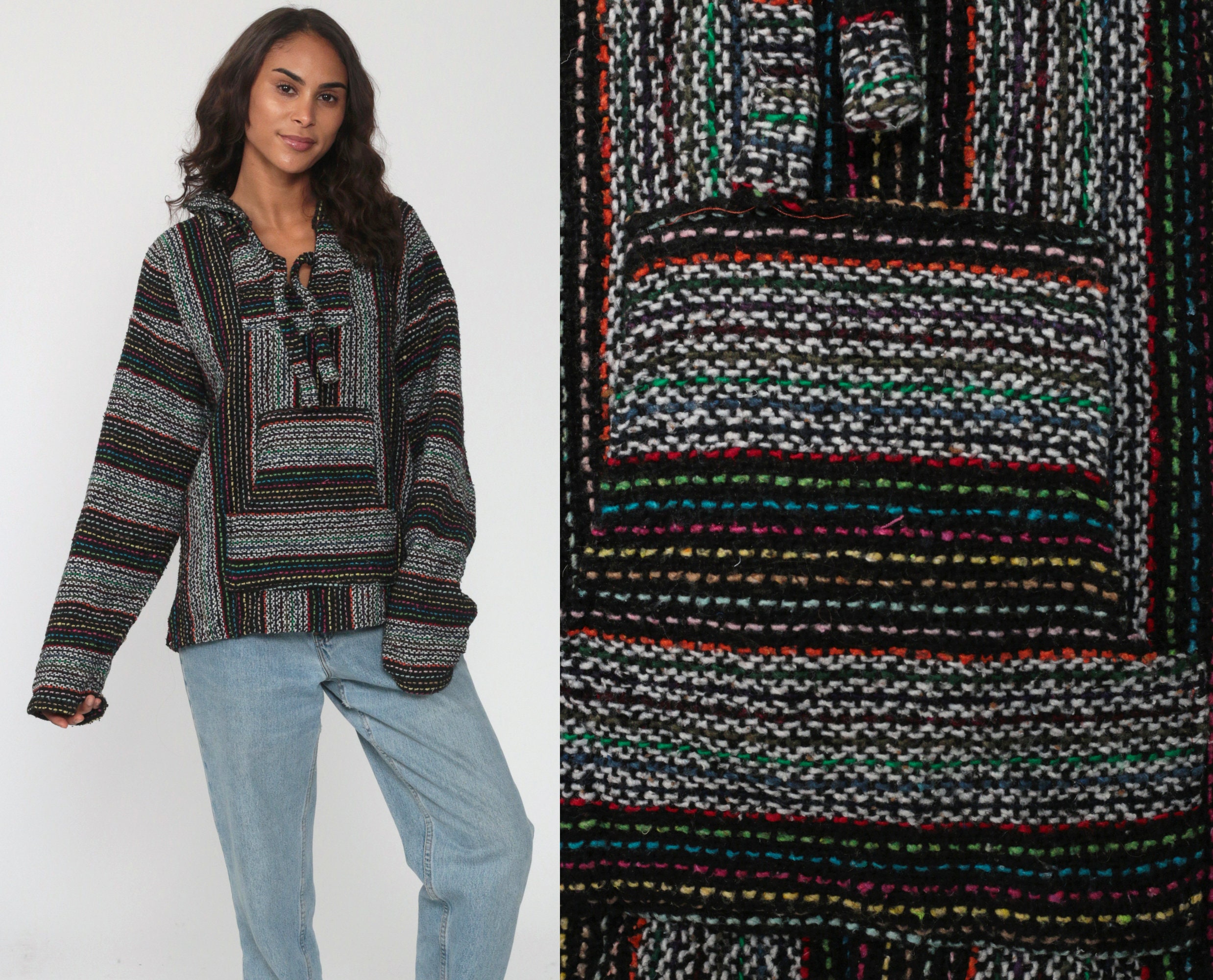 Drug Rug Baja Hoodie Jacket Neon RAINBOW Mexican Sweatshirt Hippie Boho Hooded Ethnic Vintage Blanket Stripe Bohemian Kangaroo Medium Large