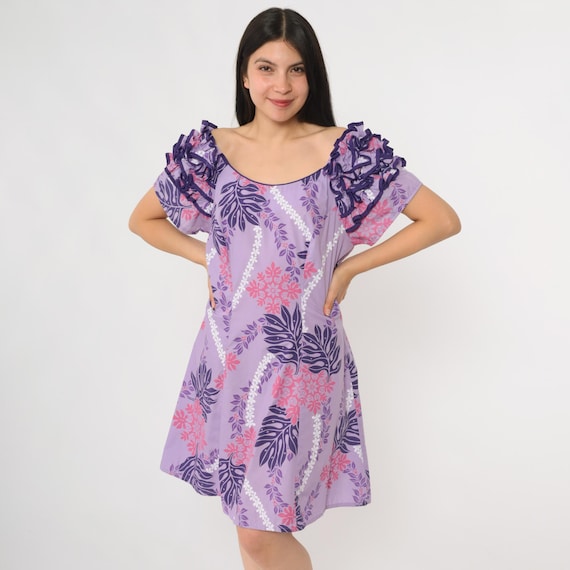 80s Hawaiian Mini Dress Purple Tropical Floral Print Puff Ruffle Sleeve Summer Aloha Resort Day Dress Size Medium