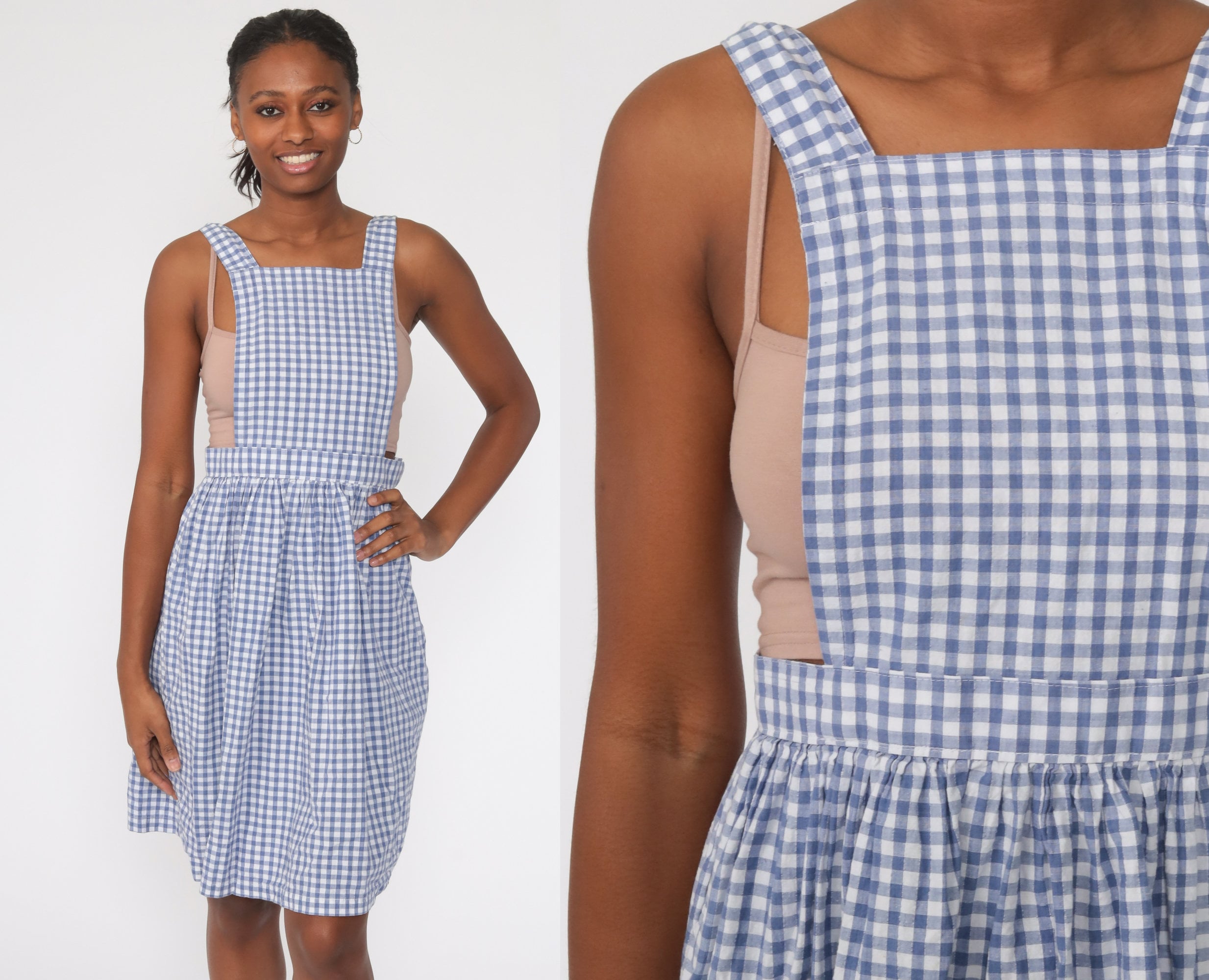 Blue gingham store pinafore dress