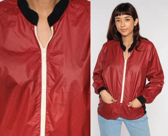 Red Windbreaker 80s Jacket Zip Up Retro Windbreaker Vintage Sportswear 1980s Golf Jacket Raglan Sleeve Basic Light Shiny Nylon Large L