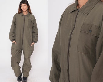 Snowmobile Coveralls 80s Olive Green Insulated Jumpsuit Workwear Pant Long Pants Work Wear Lined Vintage 1980s Snowsuit Men's Small