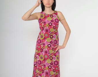 90er Floral Sommerkleid Flower Power Sommerkleid Midi Sonnenkleid Rosa Lila Lindgrünes Kleid 1990s Vintage Shift Ärmellos Etuikleid 2xs
