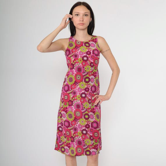 90s Floral Summer Dress Flower Power Sundress Midi Sun Dress Pink Purple Lime Green Dress 1990s Vintage Shift Sleeveless Sheath 2xs