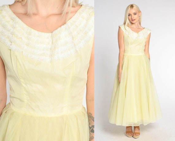 Yellow Chiffon Gown 60s Party Dress Lace Trim Maxi Pastel Cocktail High Waisted Full Skirt Formal Prom Sixties Vintage 1960s Extra Small Xs Etsy Canada