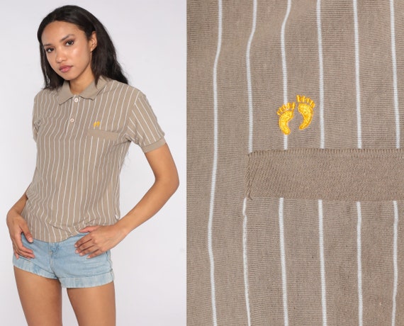 Hang Ten Polo 80s Taupe Shirt White Striped Collared T Shirt Button Up Retro Tee Polo Shirt Short Sleeve Vintage 1980s Small Medium