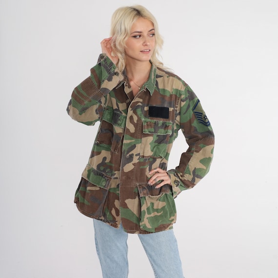 Camo Jacket 90s Army Shirt Green Button Up US Camouflage Military Utility Commando Cargo Pocket Field Shirt Vintage 1990s Men's Medium R