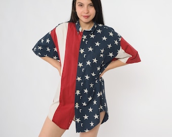 Camisa con bandera estadounidense Y2K, botones, polainas Ralph Lauren, estrellas, rayas, estilo patriótico americano, manga corta, algodón, pieza llamativa, clásica, mediana, M