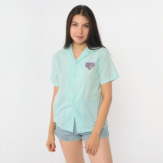 Ocean Pacific Shirt Short Sleeve Button Front Vintage OP Logo Graphic Surf Beach Sailboat Tropical California Summer Surfer Tee Extra Small
