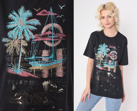 Vintage Tybee Island T Shirt 90s Metallic Glitter Palm Tree Sailboat Tshirt Georgia Destination Graphic Tshirt Beach Retro Tee Medium