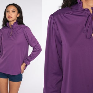Purple Ruffle Blouse 70s Keyhole Top Puff Sleeve Shirt Tie Neck 1970s Polyester Shirt Vintage Secretary Shirt 70s Medium