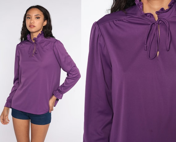 Purple Ruffle Blouse 70s Keyhole Top Puff Sleeve Shirt Tie Neck 1970s Polyester Shirt Vintage Secretary Shirt 70s Medium