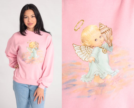 Baby Angel Sweatshirt Pink 90s Sweatshirt Christian Kawaii Graphic Sweatshirt 1990s Vintage Pullover Jumper Beach Seashell Jerzees Large