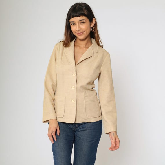 70s Beige Blazer Jacket Vintage Button up Suit Jacket Retro Office Jacket Seventies Simple Deep V Neck Preppy Polyester 1970s Small S