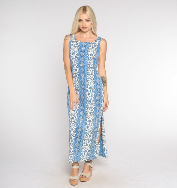 Blue Hawaiian Dress 90s Tropical Midi Dress Floral Turtle Print Summer Sundress Day Sun Bohemian Sleeveless Vintage 1990s Extra Small xs