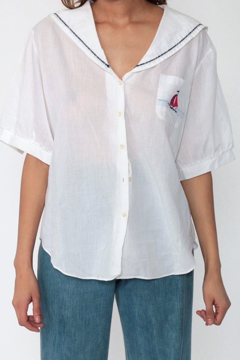 Sailor Shirt Nautical Blouse 80s Shirt White Sailor Collar Top Long Sleeve Top Sheer Shirt Sailboat 1980s Collared Large