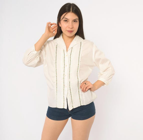 60s White Cotton Blouse Floral Embroidered Ribbon Lace Trim Pintuck Shawl Collar 3/4 Sleeve Cottagecore Prairie Victorian Pink Top Medium M