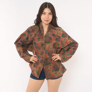 Y2K Abstract Geometric Blazer Jacket Earth Tone Patchwork Print Button Front Rust Teal Relaxed Fit Shawl Collar Artsy Vintage Shirt Medium M