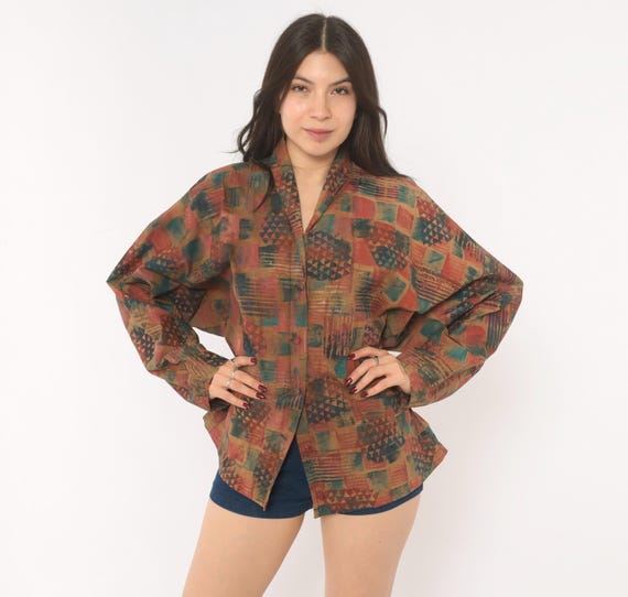 Y2K Abstract Geometric Blazer Jacket Earth Tone Patchwork Print Button Front Rust Teal Relaxed Fit Shawl Collar Artsy Vintage Shirt Medium M
