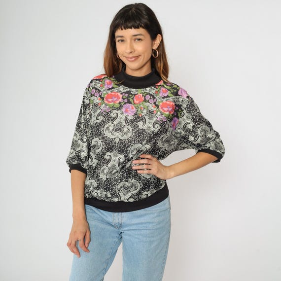 Vintage 80s Black Floral Blouse Lace Print Mock Neck Top 90s 3/4 Sleeve Slouchy Retro 1980s Shirt Dropped Armhole Boho Large L