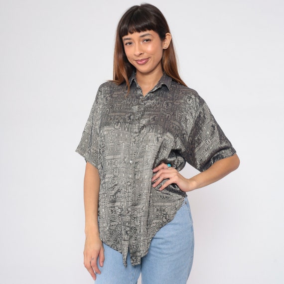 Metallic Silver Top 90s Button up Shirt Tapestry Print Blouse Short Sleeve Shiny Woven Design Retro Crest Statement Vintage 1990s Medium M