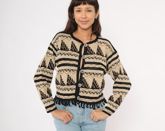 Southwestern Cardigan Fringe Hem Cream Black Pima Cotton Knit Cropped Tribal Pattern 2000s Sweater Hippie Bohemian Western Medium M