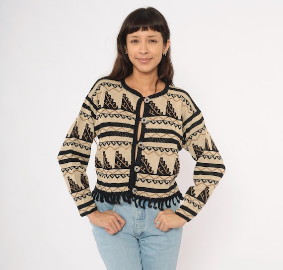 Southwestern Cardigan Fringe Hem Cream Black Pima Cotton Knit Cropped Tribal Pattern 2000s Sweater Hippie Bohemian Western Medium M