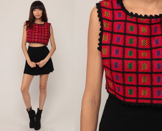 Knit Tank Top 70s Shirt Crop Top Boho Shirt Retro Shirt Red Hippie Top Checkered Geometric Bohemian 1970s Vintage Preppy Small Medium