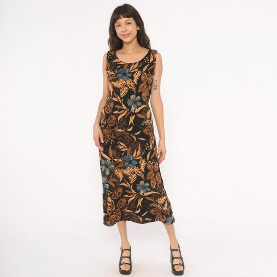 90s Tropical Floral Midi Dress Sleeveless Black Gold Teal Hibiscus Leaf Print Summer Botanical Jungle Island Vacation Earth Tone Medium M