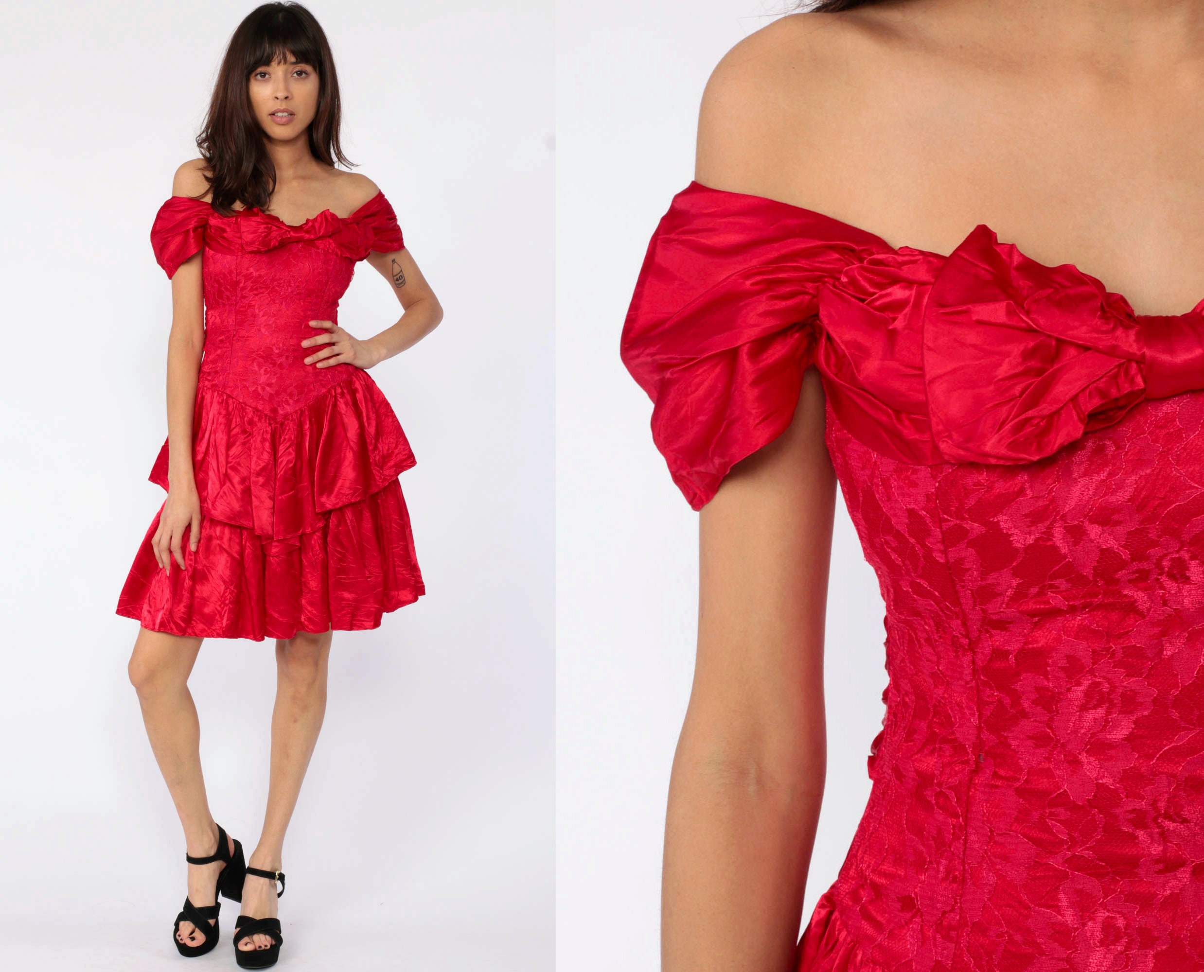 80s Prom Dress Red Lace Bow Dress 80s 