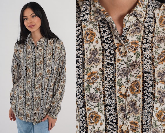 90s Floral Shirt Button Up Blouse Striped Long Sleeve Collared Top Retro Boho Flower Print White Black Orange Vintage 1990s Large L