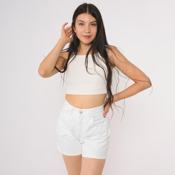 White Denim Shorts 90s High Waisted Just USA Cotton Jean Shorts Five Pocket Classic Summer Cutoff Style Vintage Straight Fit Women’s Size 5