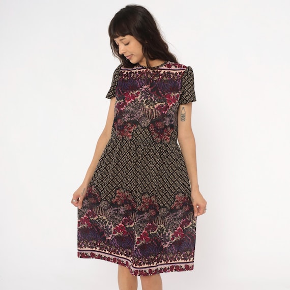 80s Sheer Dress Abstract Print Geometric Floral Border Pattern Keyhole Back Purple Burgundy Maroon Pink Black Abstract Shift Vintage Medium