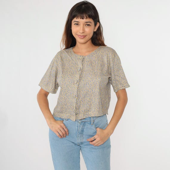 Vintage Calico Floral Blouse 90s Periwinkle Blue Yellow Cotton Button Up Shirt Short Sleeve Top Retro Casual Vintage 1990s Small Petite