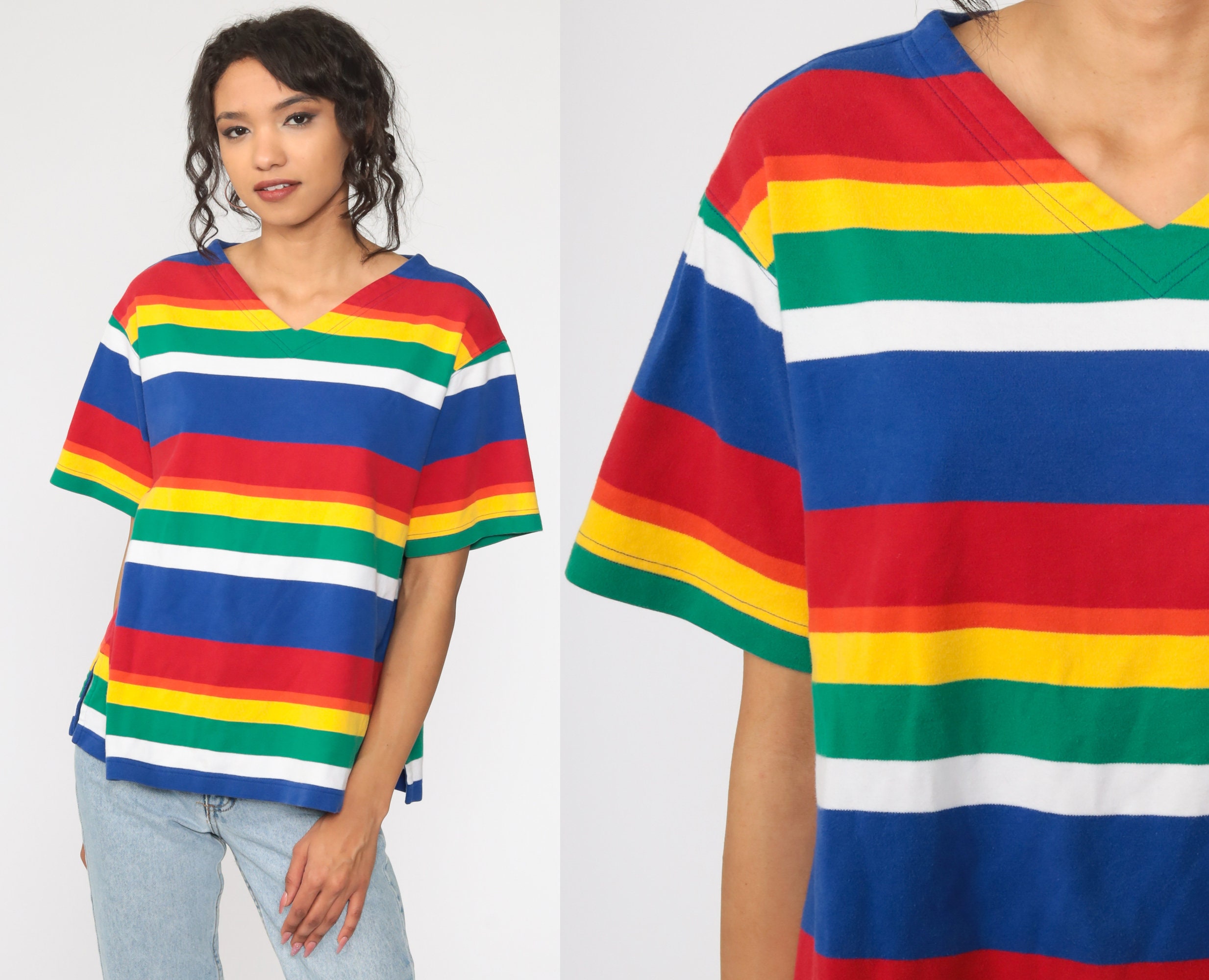 90s Rainbow Striped Shirt 1990s Striped Short Sleeve Shirt | Etsy