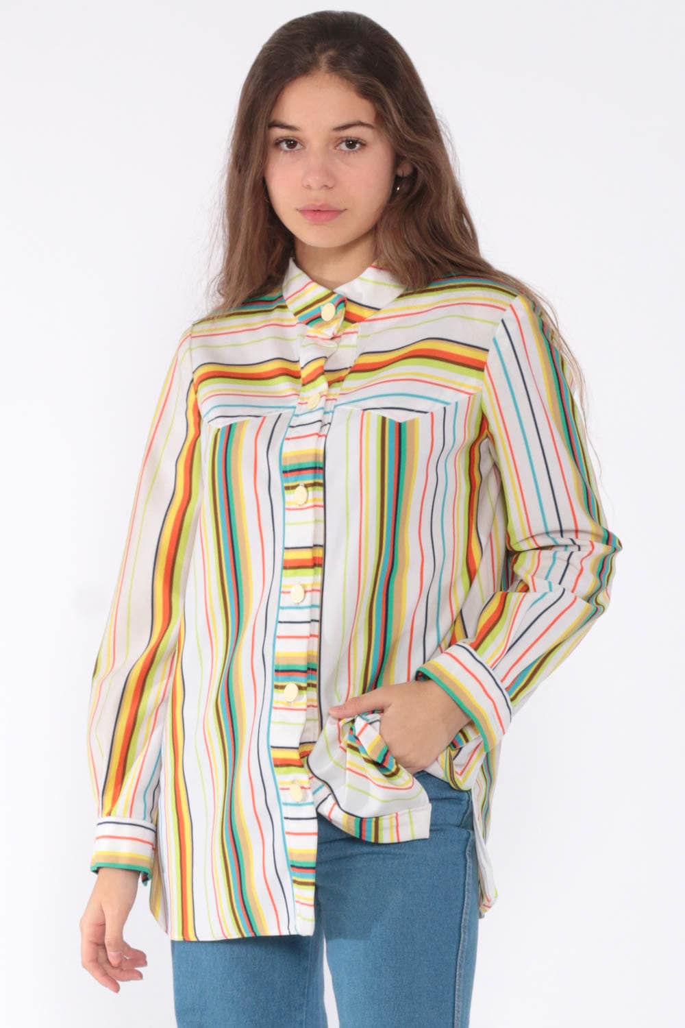 women rainbow striped shirt