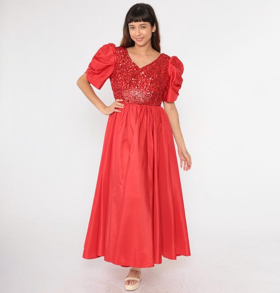 80s Sequin Party Dress Red Taffeta Maxi Prom Dress Vintage Puff Sleeve Evening Gown 1980s Rhinestone Beaded Formal Dress Large 12