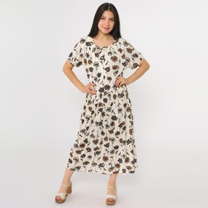 60s White Floral Day Dress Vintage Bow Neck Button Up Shirtdress Low Waist Midi Garden Party Short Sleeve Pleated 1960s Large L