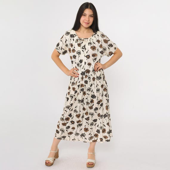 60s White Floral Day Dress Vintage Bow Neck Button Up Shirtdress Low Waist Midi Garden Party Short Sleeve Pleated 1960s Large L