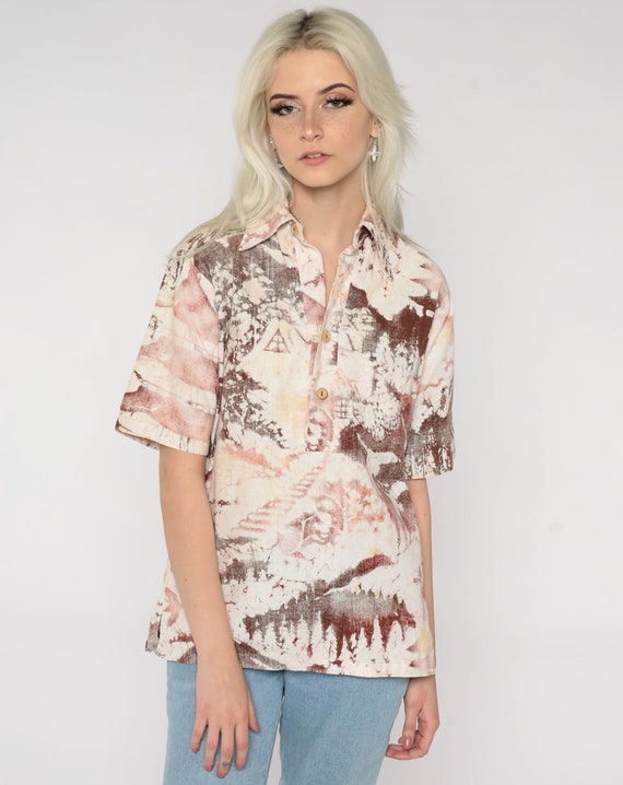 Pagoda Button Up Shirt 70s Asian Forest Shirt Boho Hippie Bird Top Cream Red Brown Psychedelic Blouse Short Sleeve 1970s Vintage Medium M