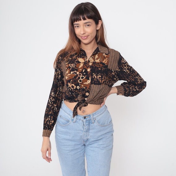 Tie Front Crop Top 90s Abstract Print Button Down Shirt Brown Tan Black Rayon Collared Vintage Geometric Pattern Artsy Design Small S