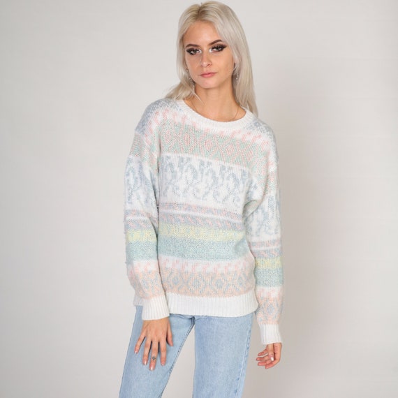 Pastel Striped Sweater 80s Pullover Knit Sweater White Abstract Print Crewneck Jumper Wool Blend Blue Yellow Vintage 1980s Small Medium