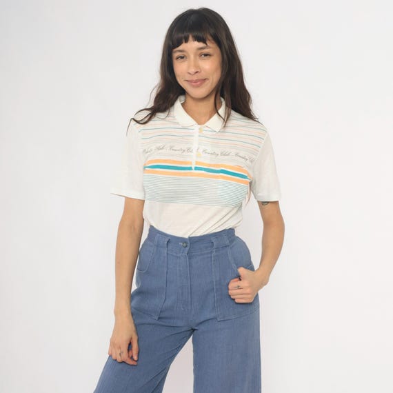 80s Country Club Polo Striped Shirt White Cream Turquoise Teal Peach Orange Short Sleeve Collared Preppy Tennis Vintage Collegiate Small S