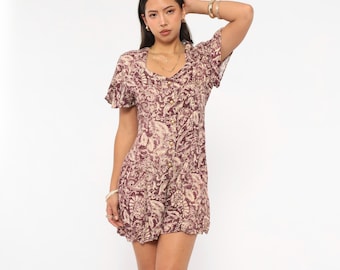 90s Paisley Romper Button Front Burgundy Cream Flutter Sleeve Sweetheart Playsuit Wine Floral Short One Piece Vintage Summer Jumpsuit Small
