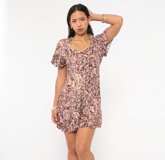 90s Paisley Romper Button Front Burgundy Cream Flutter Sleeve Sweetheart Playsuit Wine Floral Short One Piece Vintage Summer Jumpsuit Small
